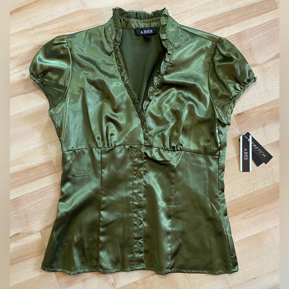 NWT A. Byer Stretchy Silky Olive Green Casual Top Sz Large
